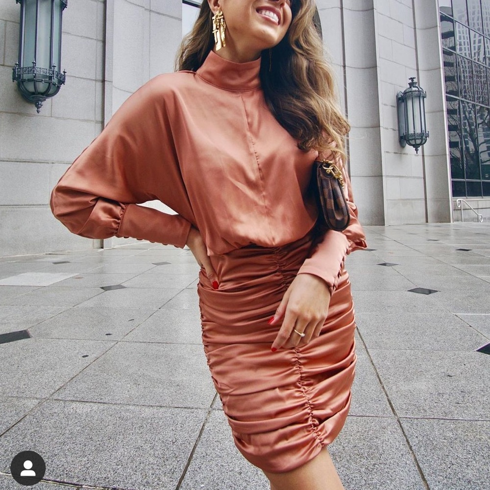 Satin silk ruched dress XS brown